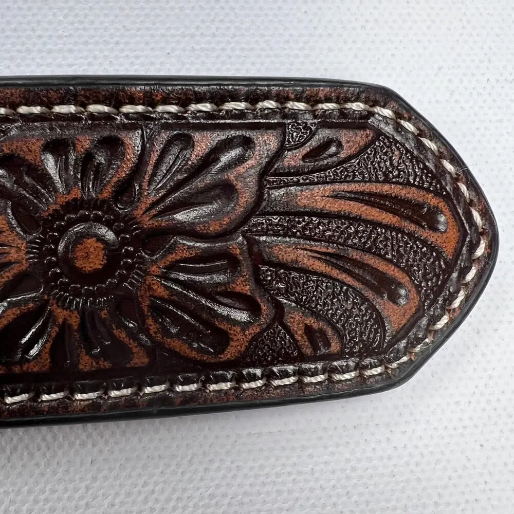 Ariat Tooled Leather Western Embroidered Belt Large Silver Buckle Size 44
